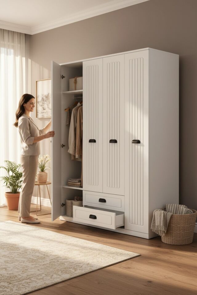 Country Model 4 Kapaklı 2 Çekmeceli Gardırop - MDF Membran Kapak | 180 cm Çok Amaçlı Elbise Dolabı