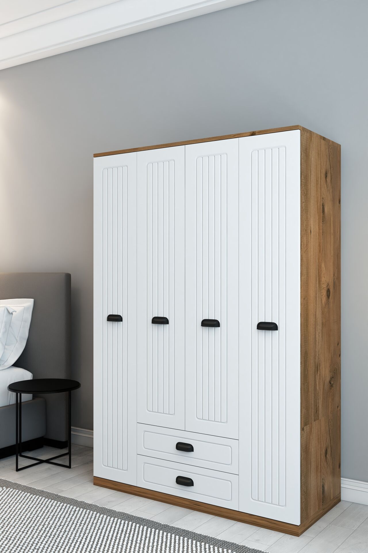 Country Model 4 Kapaklı 2 Çekmeceli Gardırop - MDF Membran Kapak | 180 cm Çok Amaçlı Elbise Dolabı