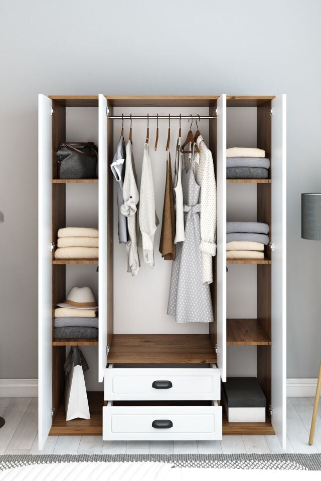 Country Model 4 Kapaklı 2 Çekmeceli Gardırop - MDF Membran Kapak | 180 cm Çok Amaçlı Elbise Dolabı