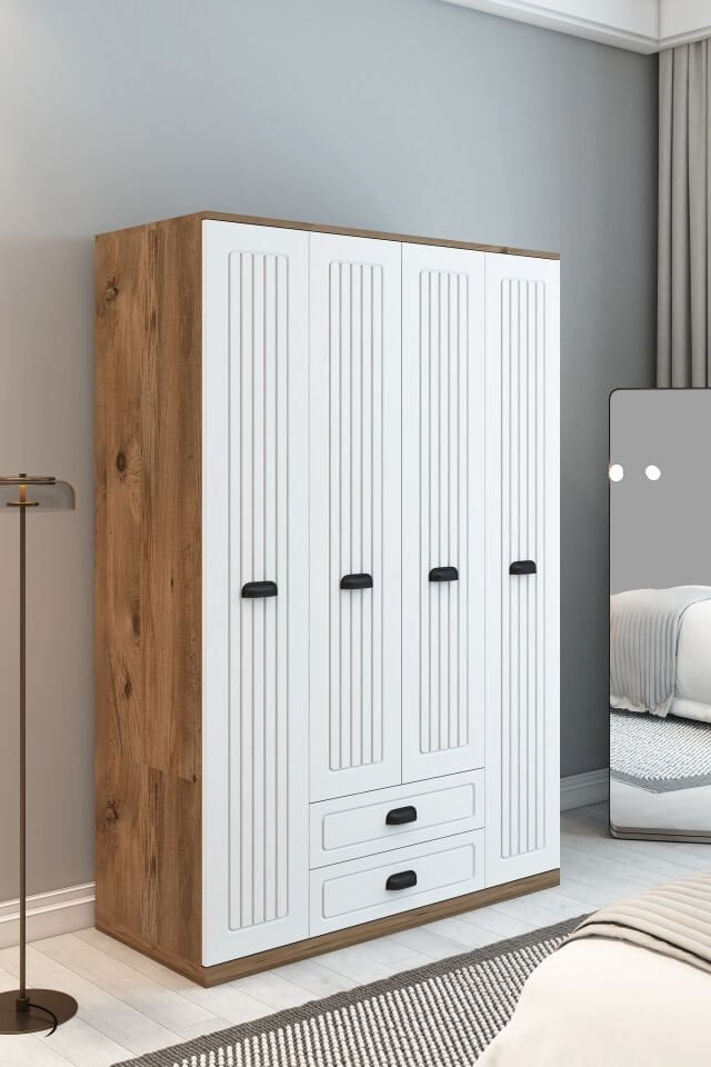 Country Model 4 Kapaklı 2 Çekmeceli Gardırop - MDF Membran Kapak | 180 cm Çok Amaçlı Elbise Dolabı
