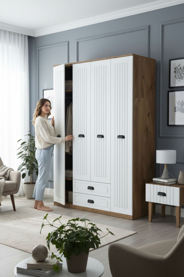 Country Model 4 Kapaklı 2 Çekmeceli Gardırop - MDF Membran Kapak | 180 cm Çok Amaçlı Elbise Dolabı