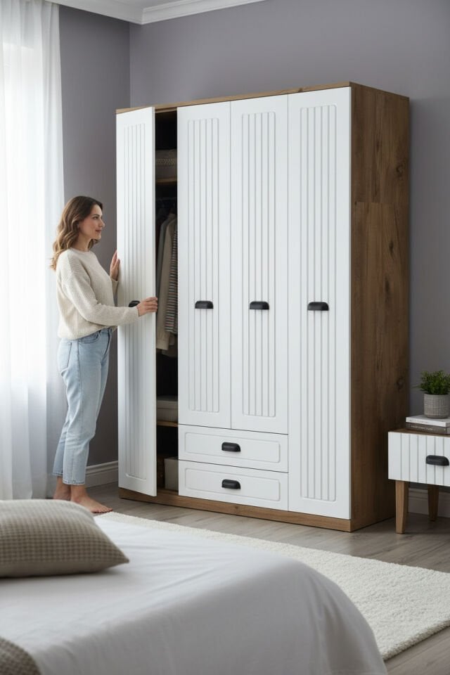 Country Model 4 Kapaklı 2 Çekmeceli Gardırop - MDF Membran Kapak | 180 cm Çok Amaçlı Elbise Dolabı