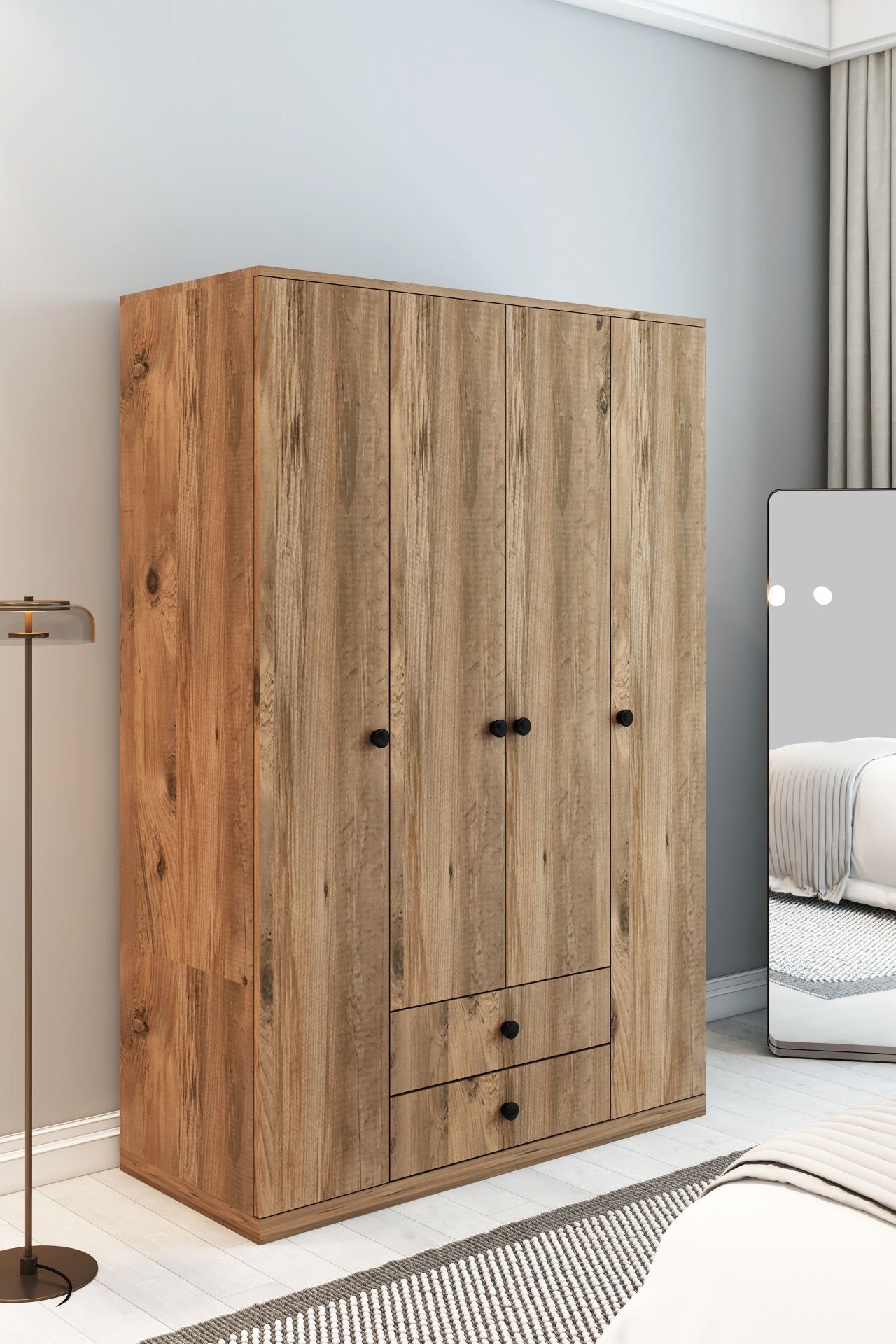 4 Kapaklı 2 Çekmeceli Gardırop | 180 cm Çok Amaçlı Elbise Dolabı