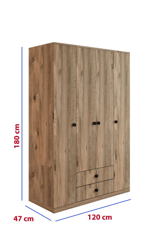 4 Kapaklı 2 Çekmeceli Gardırop | 180 cm Çok Amaçlı Elbise Dolabı