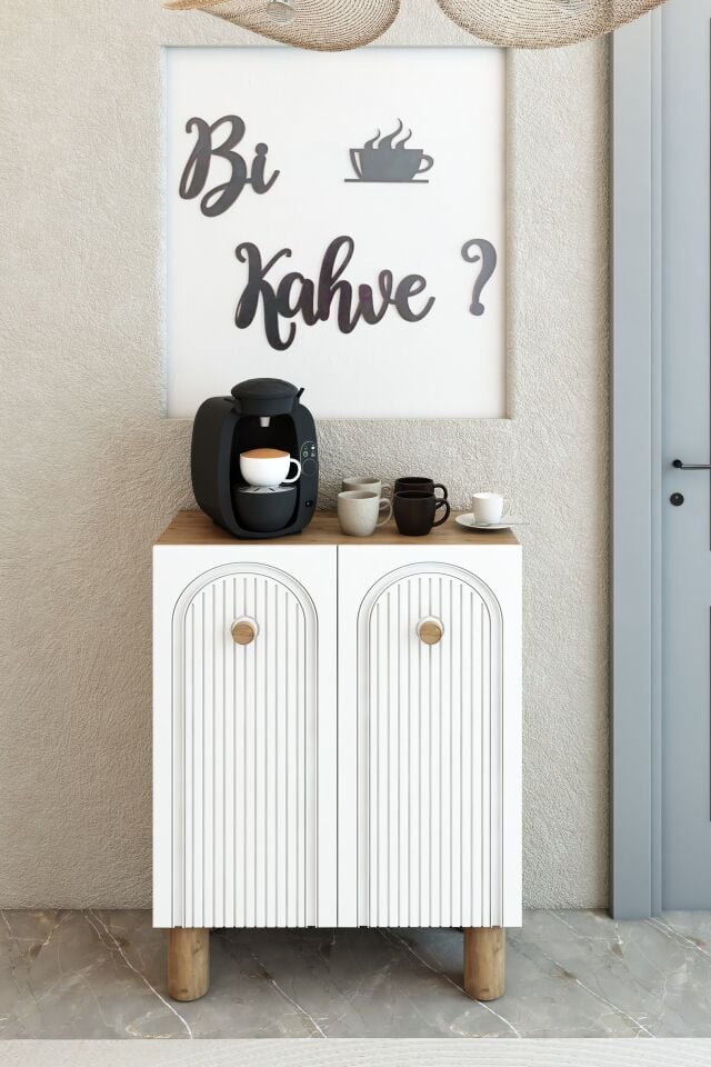 Bohem Model 2 Kapaklı 3 Raflı Kahve Köşesi Standı - MDF Membran Kapak | 60 cm Kahve İstasyonu