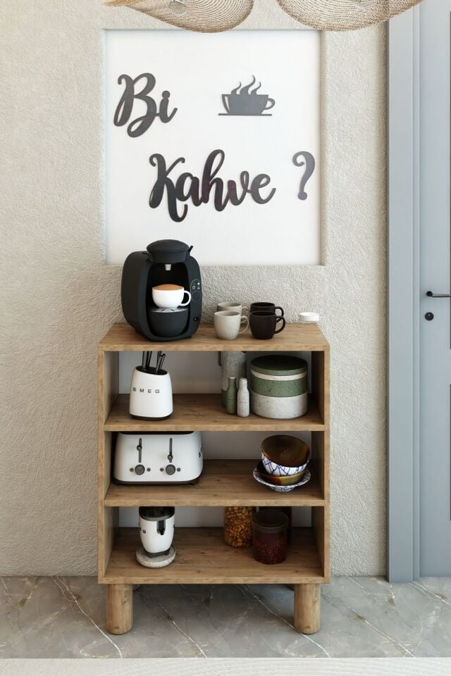 Bohem Model 2 Kapaklı 3 Raflı Kahve Köşesi Standı - MDF Membran Kapak | 60 cm Kahve İstasyonu