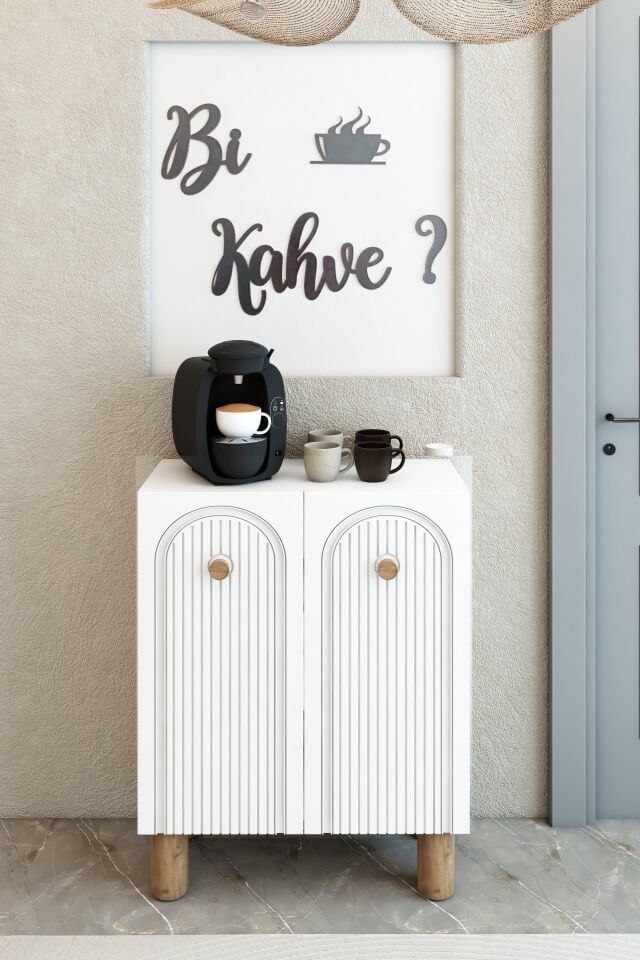 Bohem Model 2 Kapaklı 3 Raflı Kahve Köşesi Standı - MDF Membran Kapak | 60 cm Kahve İstasyonu