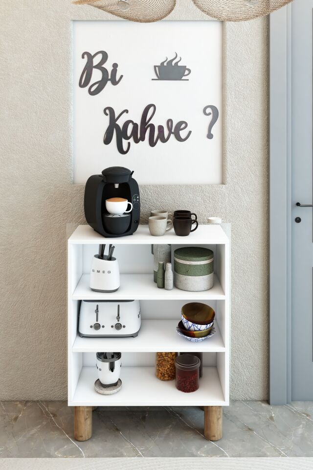 Bohem Model 2 Kapaklı 3 Raflı Kahve Köşesi Standı - MDF Membran Kapak | 60 cm Kahve İstasyonu