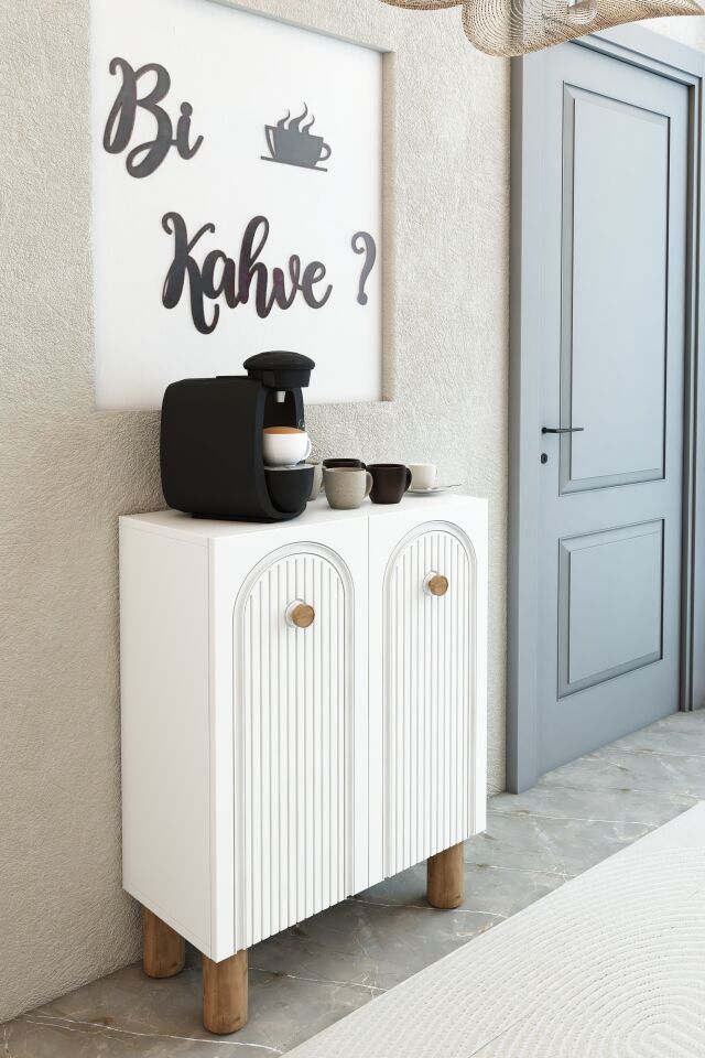 Bohem Model 2 Kapaklı 3 Raflı Kahve Köşesi Standı - MDF Membran Kapak | 60 cm Kahve İstasyonu