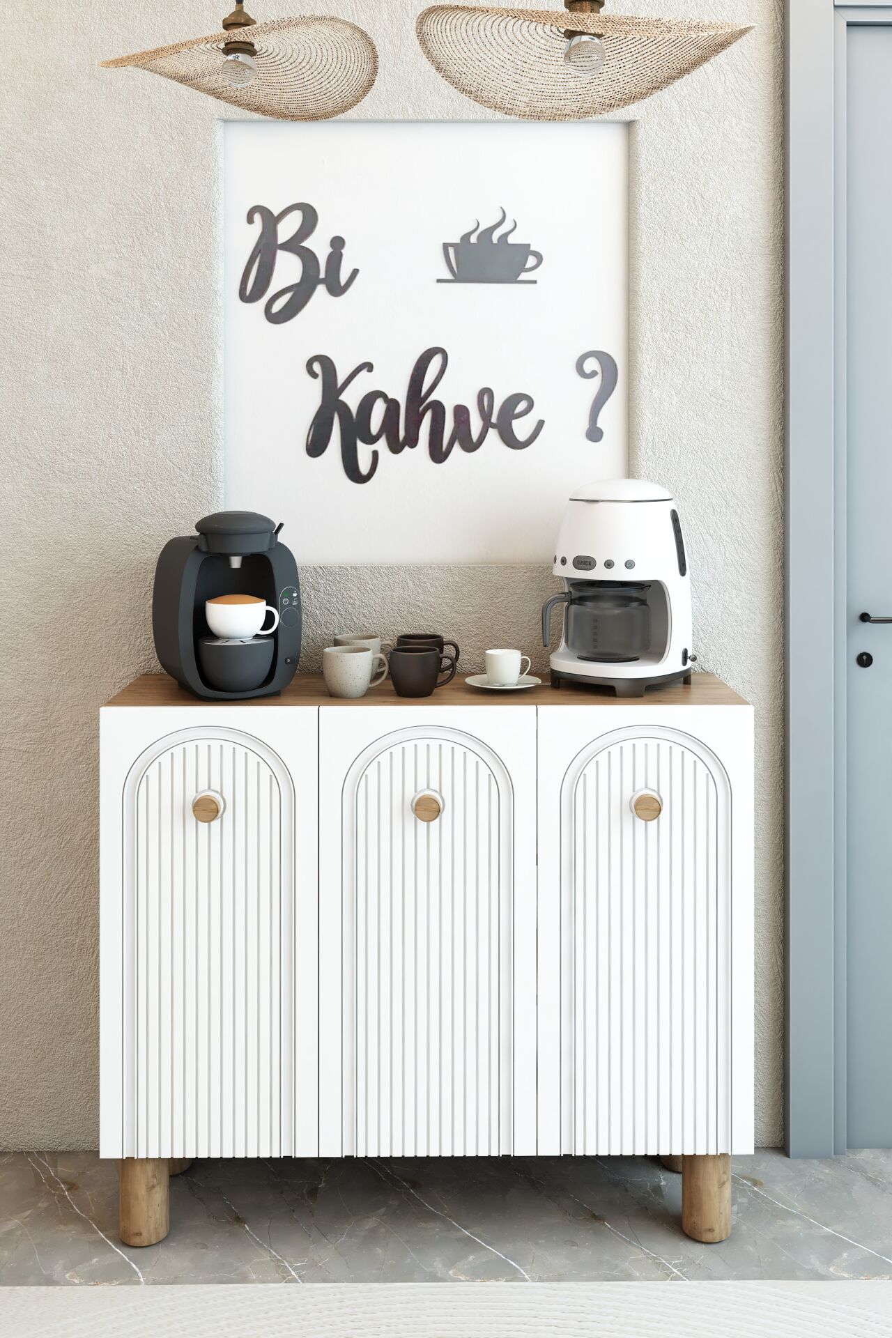 Bohem Model 3 Kapaklı Kahve Köşesi Standı - MDF Membran Kapak | 90 cm Kahve İstasyonu