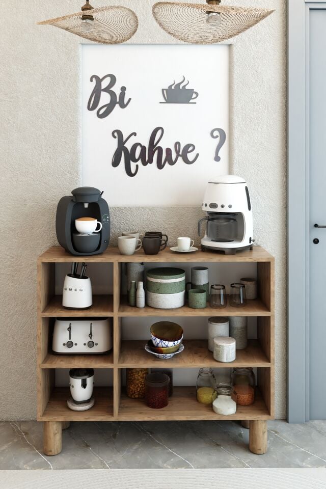 Bohem Model 3 Kapaklı Kahve Köşesi Standı - MDF Membran Kapak | 90 cm Kahve İstasyonu