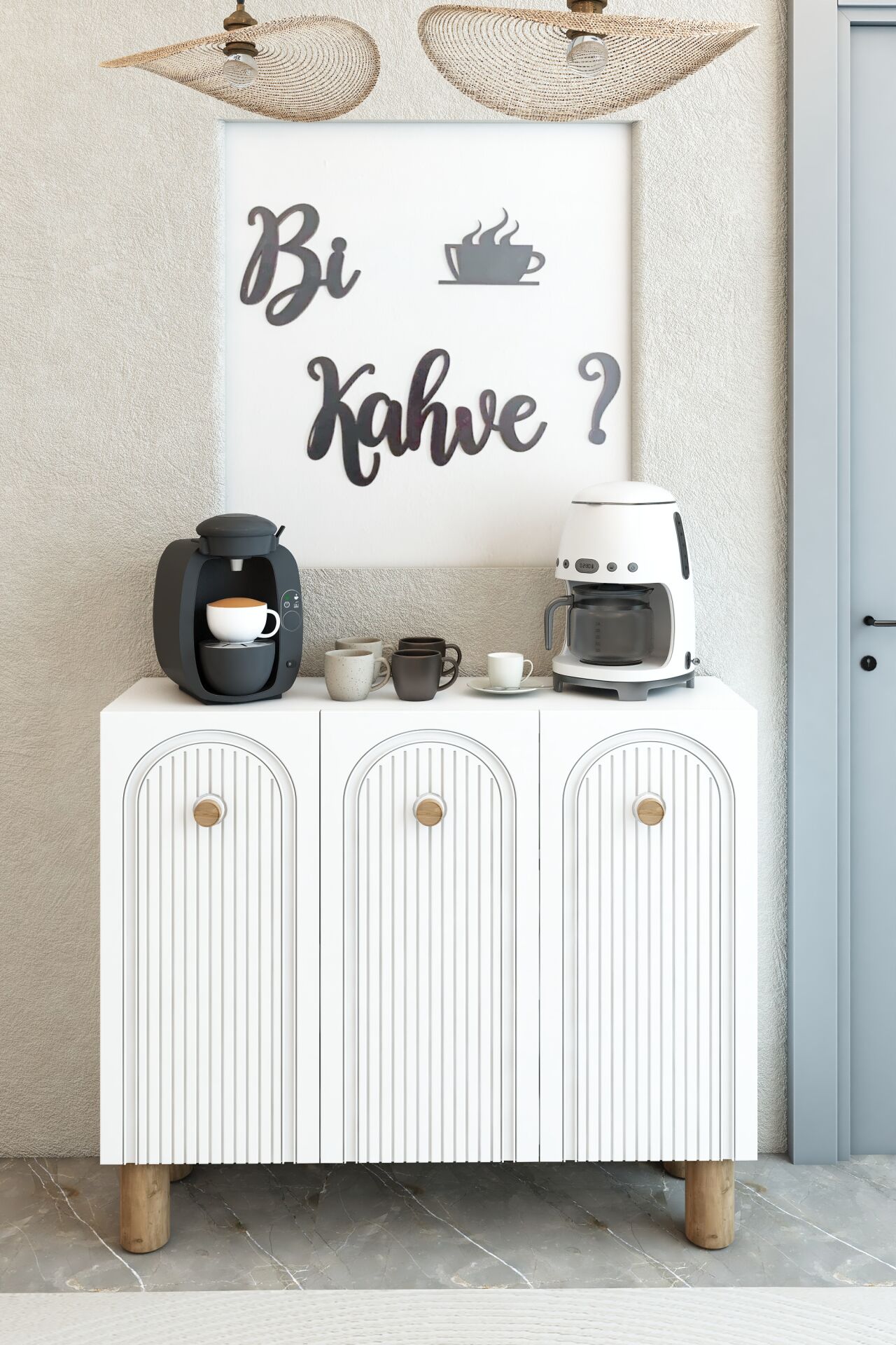 Bohem Model 3 Kapaklı Kahve Köşesi Standı - MDF Membran Kapak | 90 cm Kahve İstasyonu